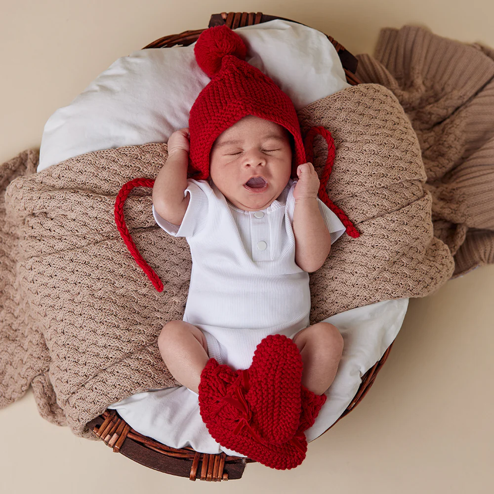 Red Merino Wool Bonnet & Booties - Image 4