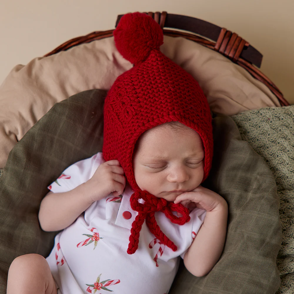 Red Merino Wool Bonnet & Booties - Image 5